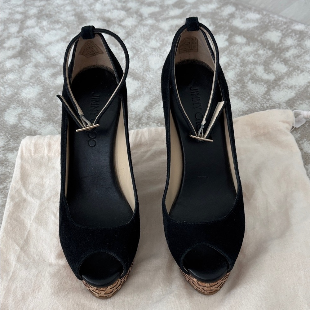 Jimmy Choo Black Peep Toe Wedges